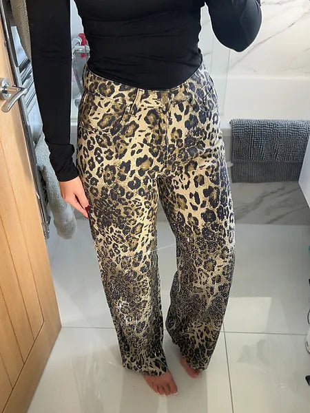 Leandra | Leopard Diamanté Schlagjeans